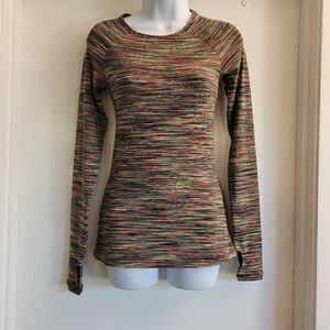 Sweaty Betty rainbow colored stretchy top with thumb holes